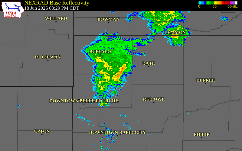 NEXRAD radar during the Thursday, June 18, 2026 storm activity in Perkins County, South Dakota