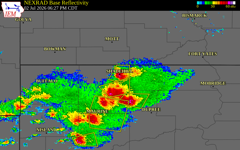 NEXRAD radar during the Thursday, July 2, 2026 storm activity in Perkins County, South Dakota