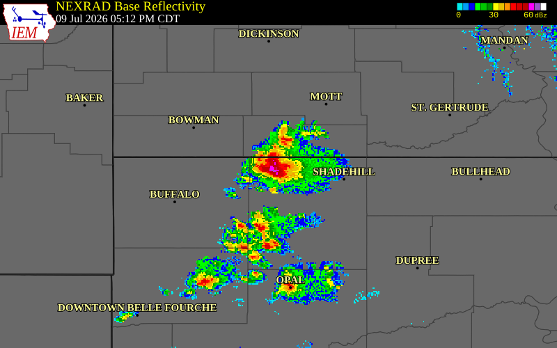 NEXRAD radar during the Thursday, July 9, 2026 storm activity in Perkins County, South Dakota
