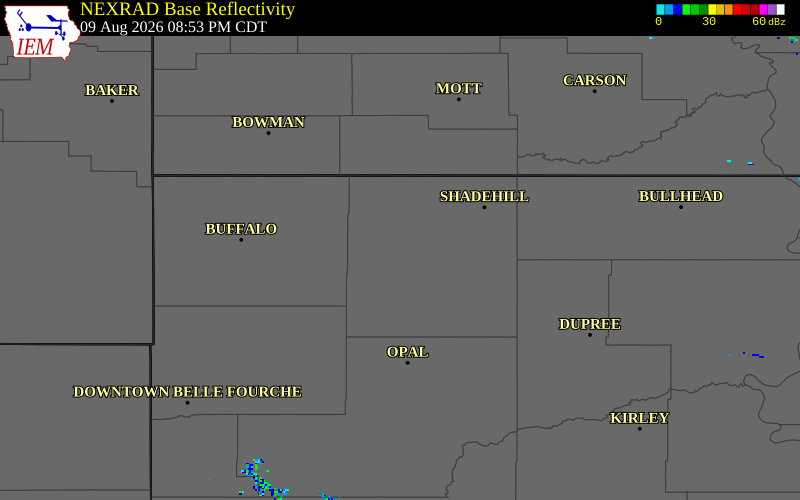 NEXRAD radar during the Sunday, August 9, 2026 storm activity in Perkins County, South Dakota