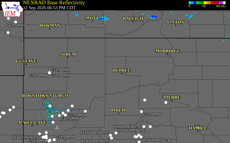 Current NEXRAD radar over Perkins County, South Dakota with recent storm report locations