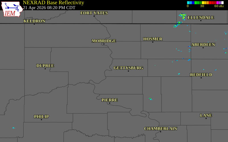 NEXRAD radar during the Tuesday, April 21, 2026 storm activity in Potter County, South Dakota