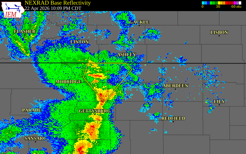 NEXRAD radar during the Wednesday, April 22, 2026 storm activity in Potter County, South Dakota