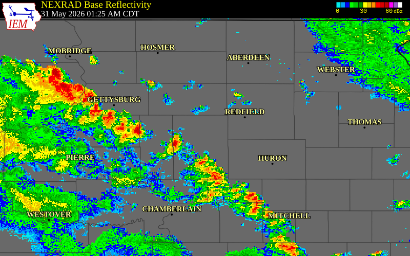 NEXRAD radar during the Sunday, May 31, 2026 storm activity in Potter County, South Dakota