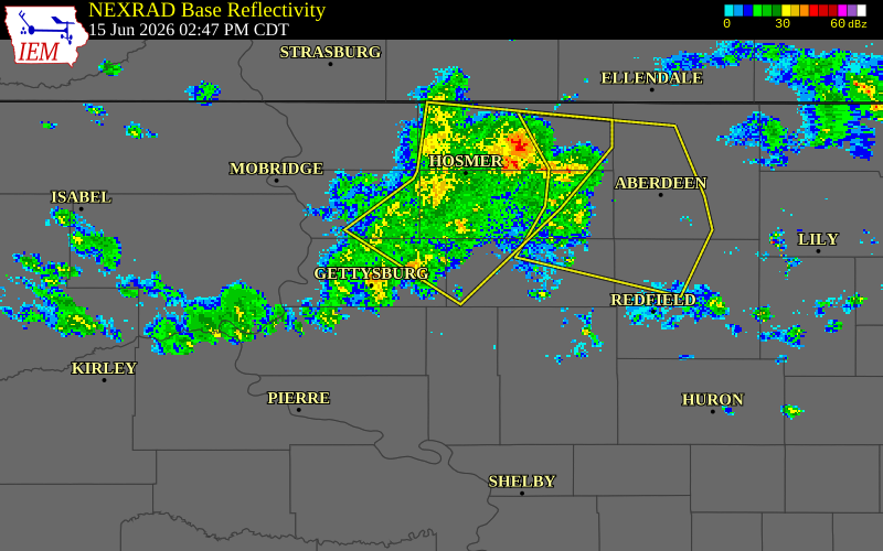 NEXRAD radar during the Monday, June 15, 2026 storm activity in Potter County, South Dakota
