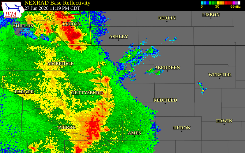 NEXRAD radar during the Saturday, June 27, 2026 storm activity in Potter County, South Dakota