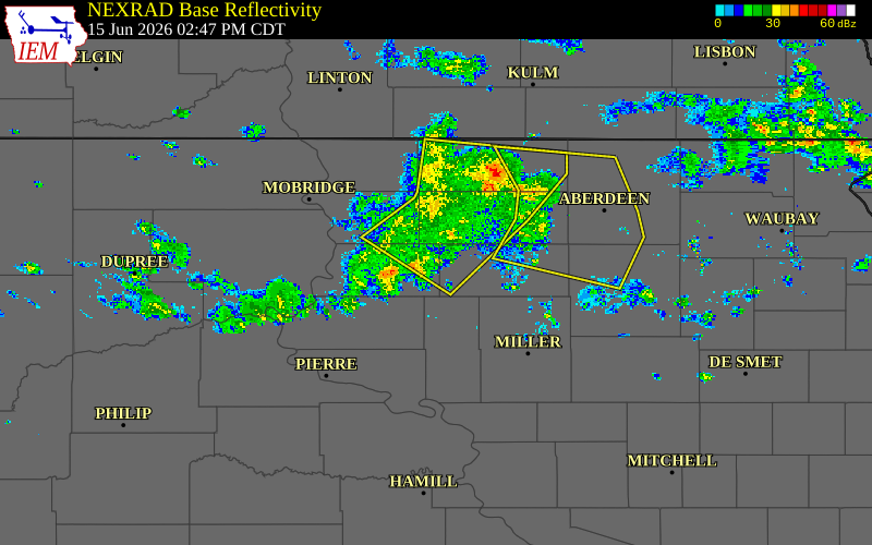 Radar snapshot during the Jun 15, 2026 wind event near 5 W Seneca, Potter County, South Dakota, with NWS warning polygons