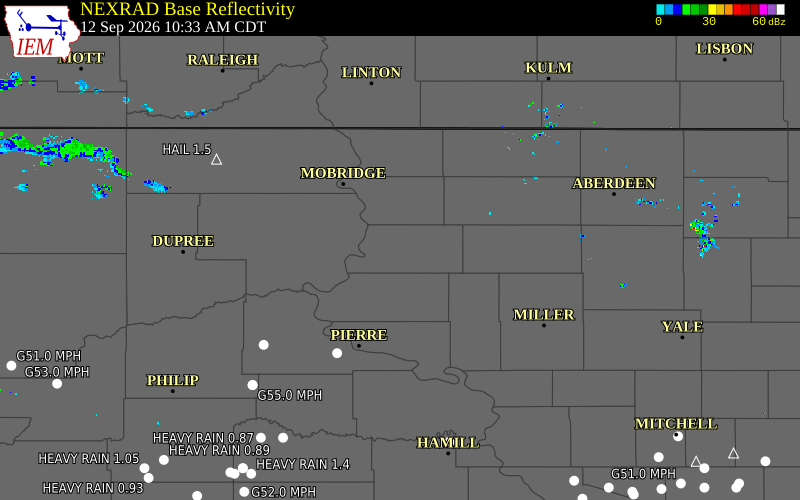Current NEXRAD radar over Potter County, South Dakota with recent storm report locations