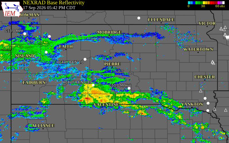 Current NEXRAD radar across South Dakota with recent storm report locations