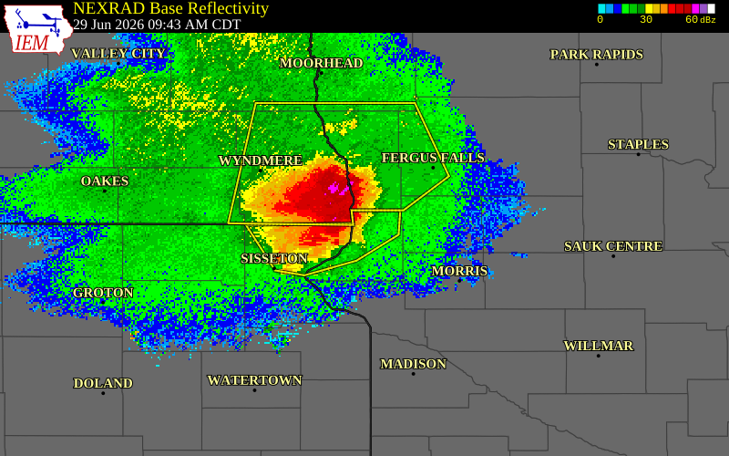 NEXRAD radar during the Monday, June 29, 2026 storm activity in Roberts County, South Dakota