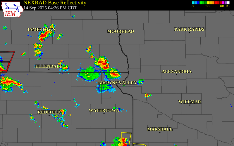 Radar snapshot during the Jul 19, 2026 wind event near 3 NNE Rosholt, Roberts County, South Dakota, with NWS warning polygons