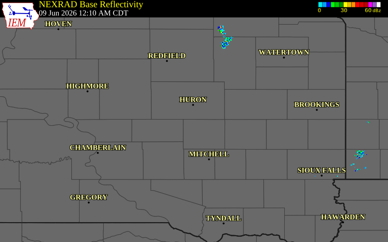 NEXRAD radar during the Tuesday, June 9, 2026 storm activity in Sanborn County, South Dakota