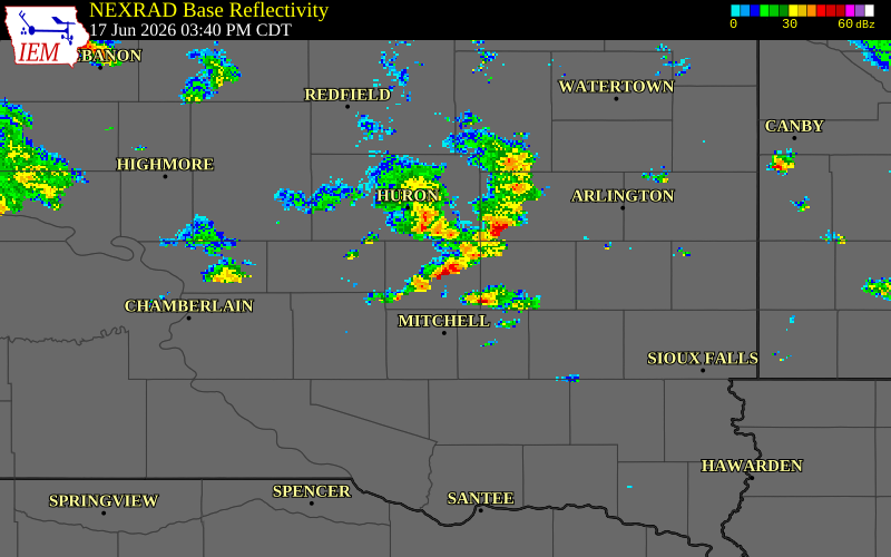 NEXRAD radar during the Wednesday, June 17, 2026 storm activity in Sanborn County, South Dakota