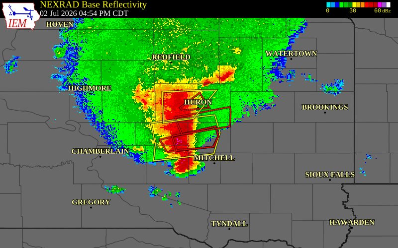 NEXRAD radar during the Thursday, July 2, 2026 storm activity in Sanborn County, South Dakota