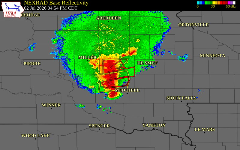 Radar snapshot during the Jul 2, 2026 wind event near 8 E Alpena, Sanborn County, South Dakota, with NWS warning polygons