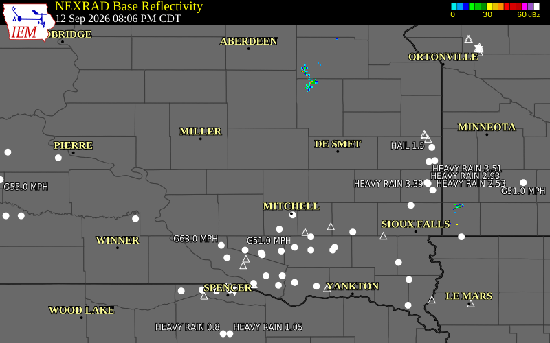 Current NEXRAD radar over Sanborn County, South Dakota with recent storm report locations