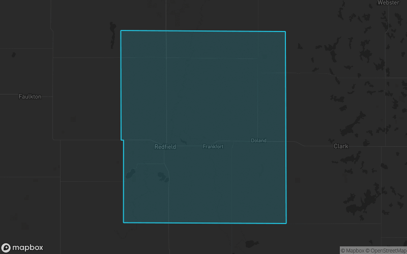 Map of Spink County, South Dakota showing the county boundary and surrounding cities