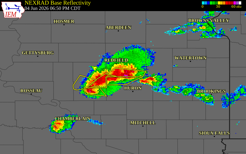NEXRAD radar during the Thursday, June 4, 2026 storm activity in Spink County, South Dakota