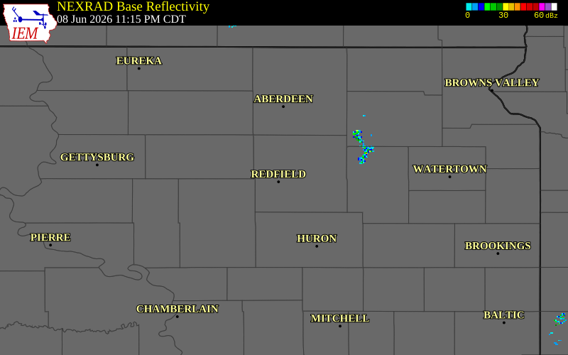 NEXRAD radar during the Monday, June 8, 2026 storm activity in Spink County, South Dakota