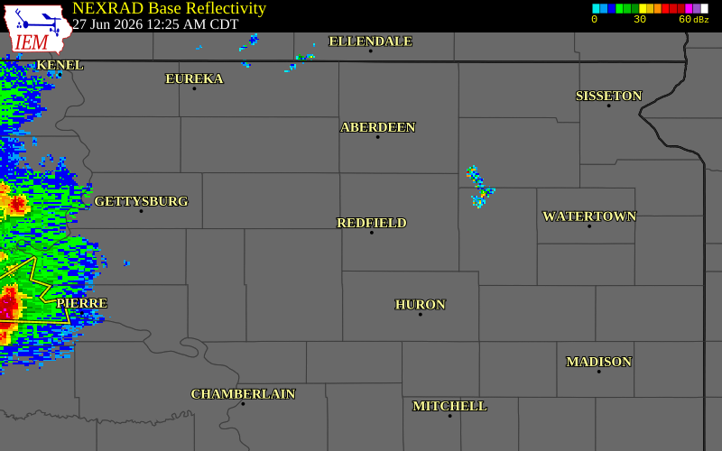 NEXRAD radar during the Saturday, June 27, 2026 storm activity in Spink County, South Dakota