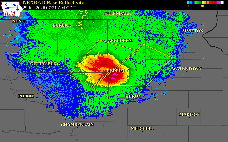 NEXRAD radar during the Monday, June 29, 2026 storm activity in Spink County, South Dakota