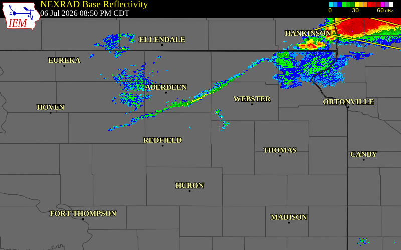 NEXRAD radar during the Monday, July 6, 2026 storm activity in Spink County, South Dakota