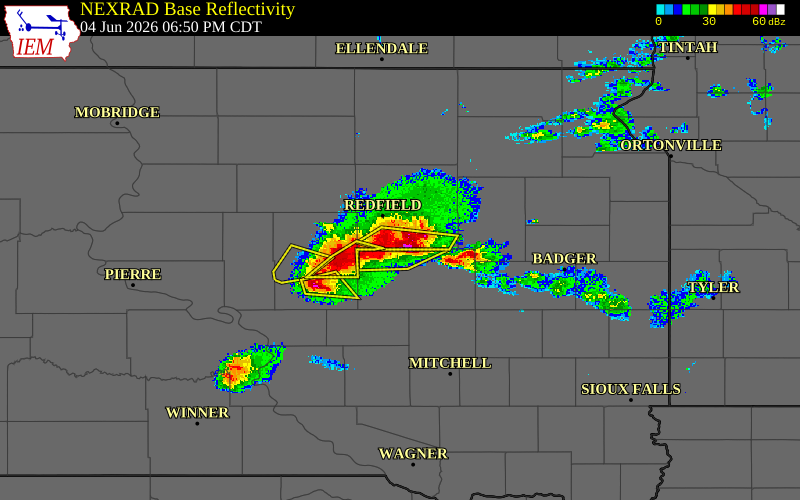 Radar snapshot during the Jun 4, 2026 hail event near 9 SE Tulare, Spink County, South Dakota, with NWS warning polygons