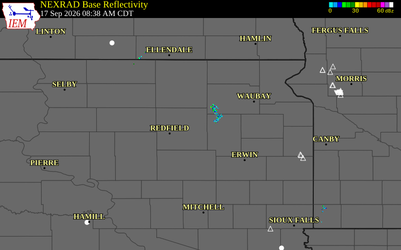 Current NEXRAD radar over Spink County, South Dakota with recent storm report locations