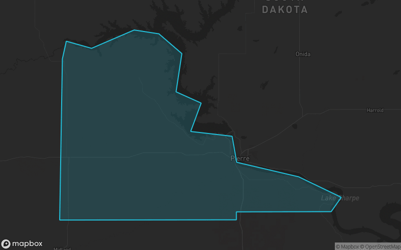 Map of Stanley County, South Dakota showing the county boundary and surrounding cities