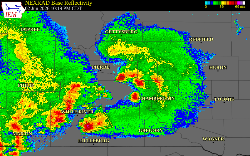 NEXRAD radar during the Tuesday, June 2, 2026 storm activity in Stanley County, South Dakota