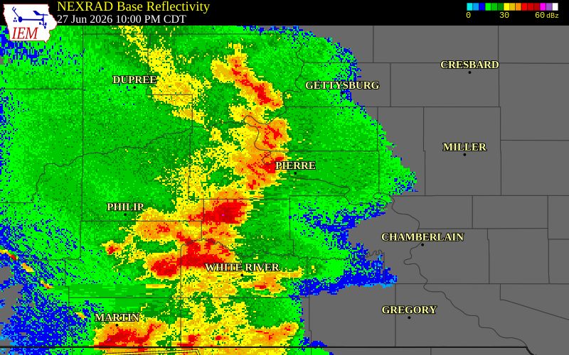 NEXRAD radar during the Saturday, June 27, 2026 storm activity in Stanley County, South Dakota