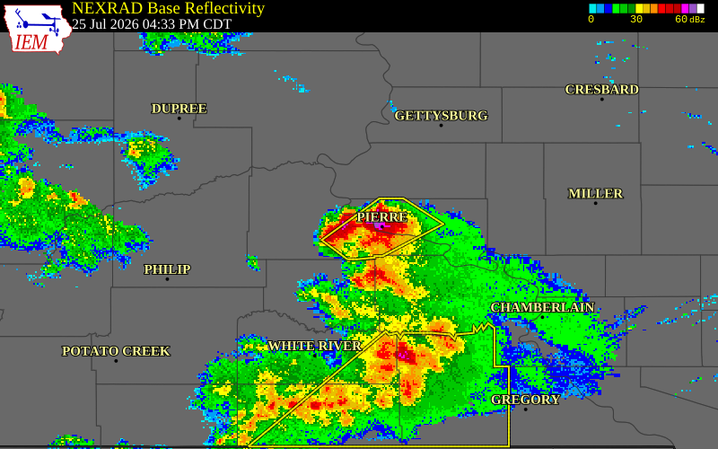 NEXRAD radar during the Saturday, July 25, 2026 storm activity in Stanley County, South Dakota