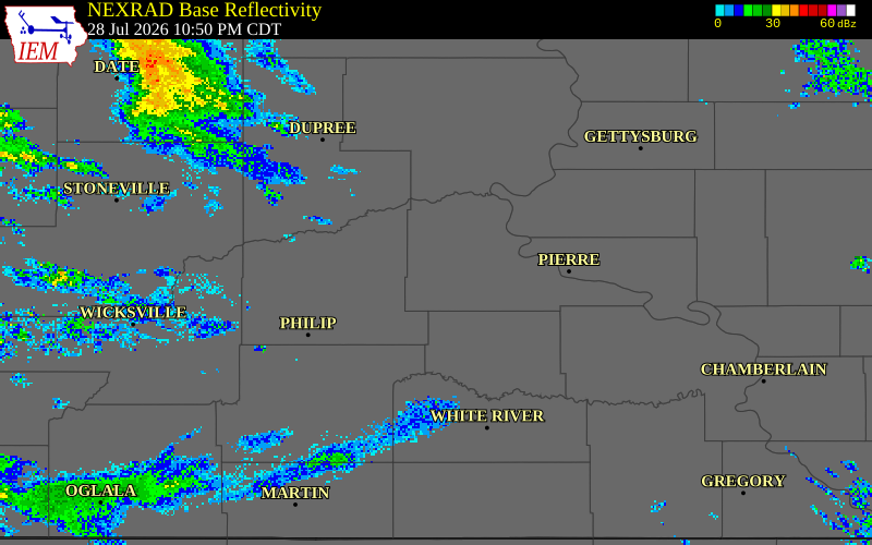NEXRAD radar during the Tuesday, July 28, 2026 storm activity in Stanley County, South Dakota