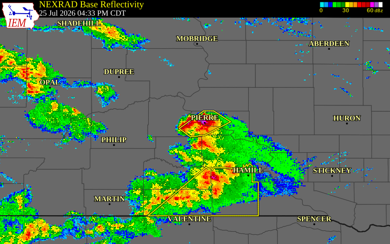 Radar snapshot during the Jul 25, 2026 hail event near 4 SSW West Shore Rec Ar, Stanley County, South Dakota, with NWS warning polygons
