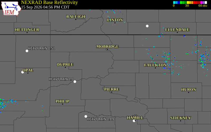 Current NEXRAD radar over Stanley County, South Dakota with recent storm report locations