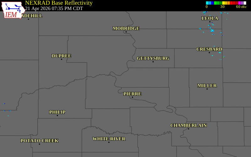 NEXRAD radar during the Tuesday, April 21, 2026 storm activity in Sully County, South Dakota