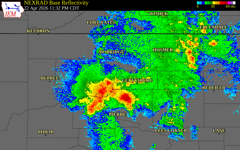 NEXRAD radar during the Wednesday, April 22, 2026 storm activity in Sully County, South Dakota