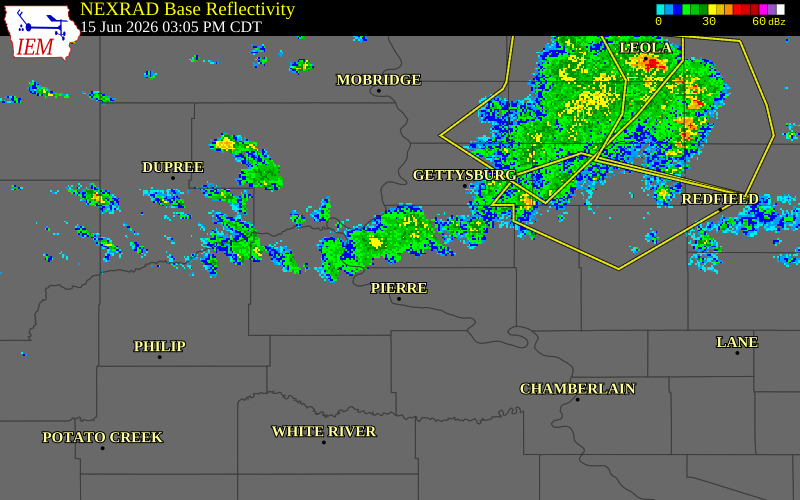 NEXRAD radar during the Monday, June 15, 2026 storm activity in Sully County, South Dakota