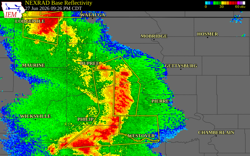 NEXRAD radar during the Saturday, June 27, 2026 storm activity in Sully County, South Dakota