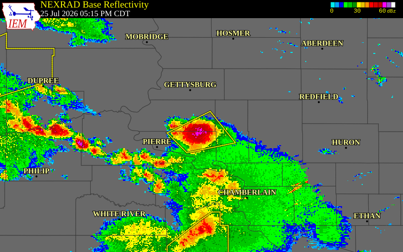 NEXRAD radar during the Saturday, July 25, 2026 storm activity in Sully County, South Dakota