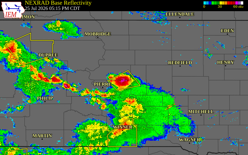 Radar snapshot during the Jul 25, 2026 wind event near 7 NW Harrold, Sully County, South Dakota, with NWS warning polygons