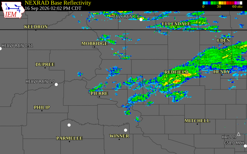 Current NEXRAD radar over Sully County, South Dakota with recent storm report locations