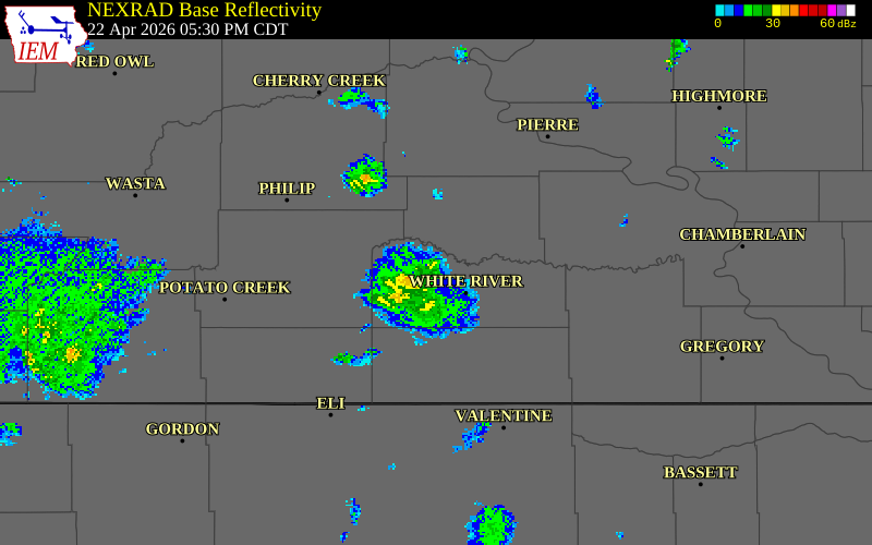 NEXRAD radar during the Wednesday, April 22, 2026 storm activity in Todd County, South Dakota