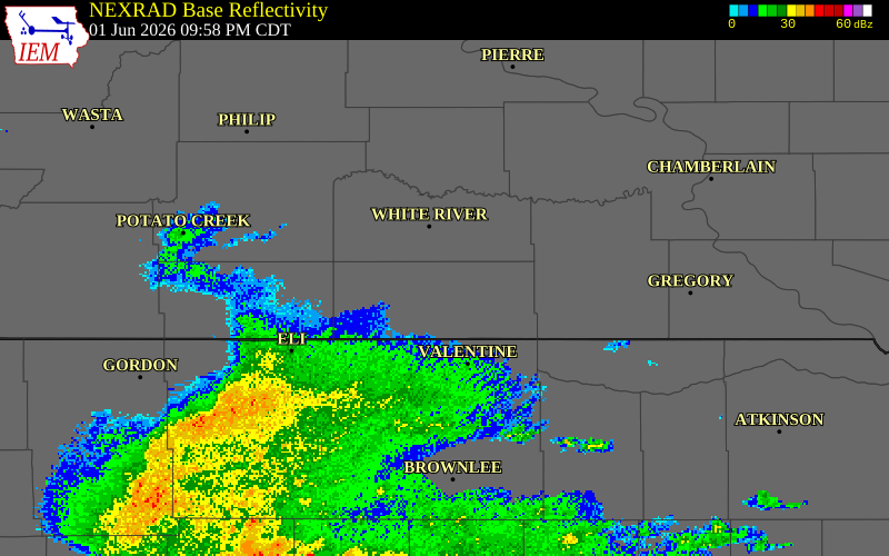 NEXRAD radar during the Monday, June 1, 2026 storm activity in Todd County, South Dakota