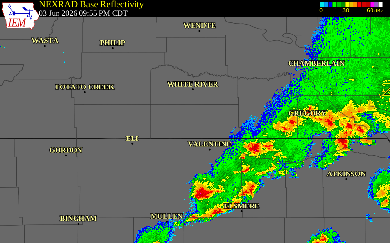NEXRAD radar during the Wednesday, June 3, 2026 storm activity in Todd County, South Dakota