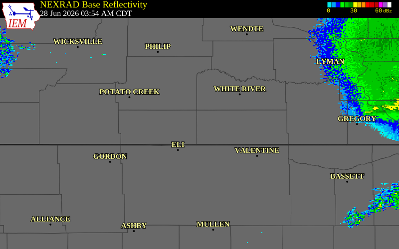 NEXRAD radar during the Sunday, June 28, 2026 storm activity in Todd County, South Dakota