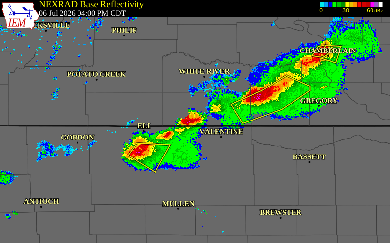 NEXRAD radar during the Monday, July 6, 2026 storm activity in Todd County, South Dakota