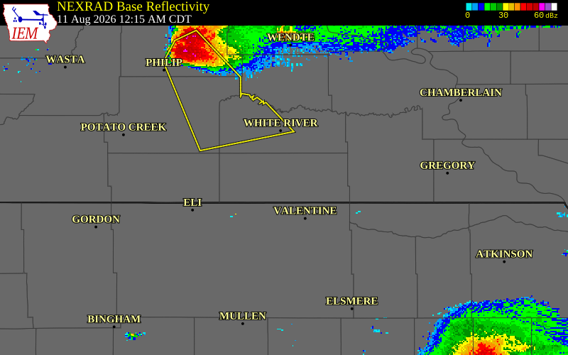 NEXRAD radar during the Tuesday, August 11, 2026 storm activity in Todd County, South Dakota