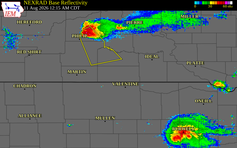 Radar snapshot during the Aug 11, 2026 wind event near 7 ESE Rosebud, Todd County, South Dakota, with NWS warning polygons
