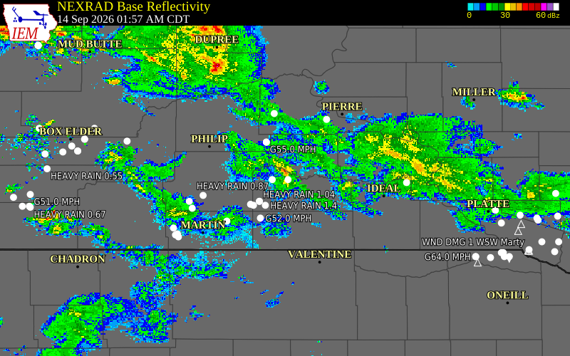 Current NEXRAD radar over Todd County, South Dakota with recent storm report locations